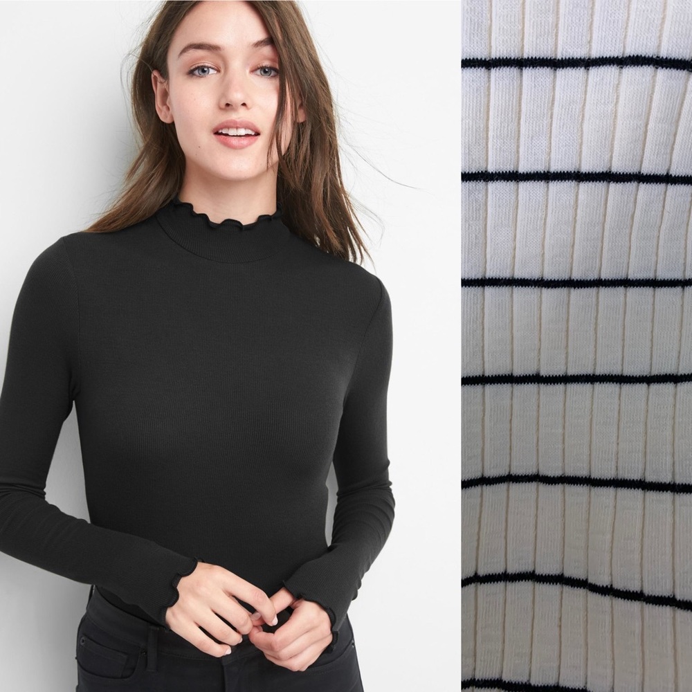 white with black striped ribbed mock neck turtle neck